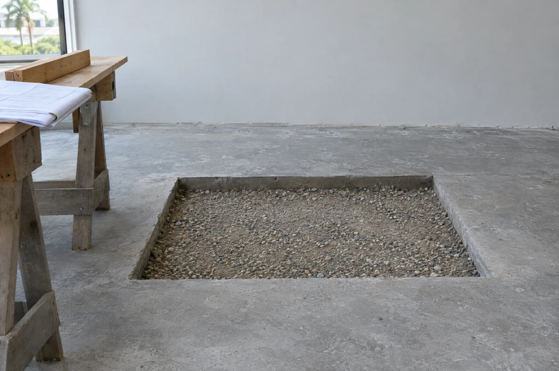 AI-generated editorial illustration of a concrete slab opening and prepared aggregate base